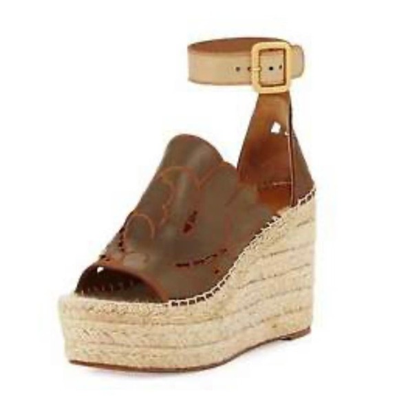 CHLOÉ Tooled Leather Laser Cut Wedge Espadrille Sandals - Picture 2 of 7